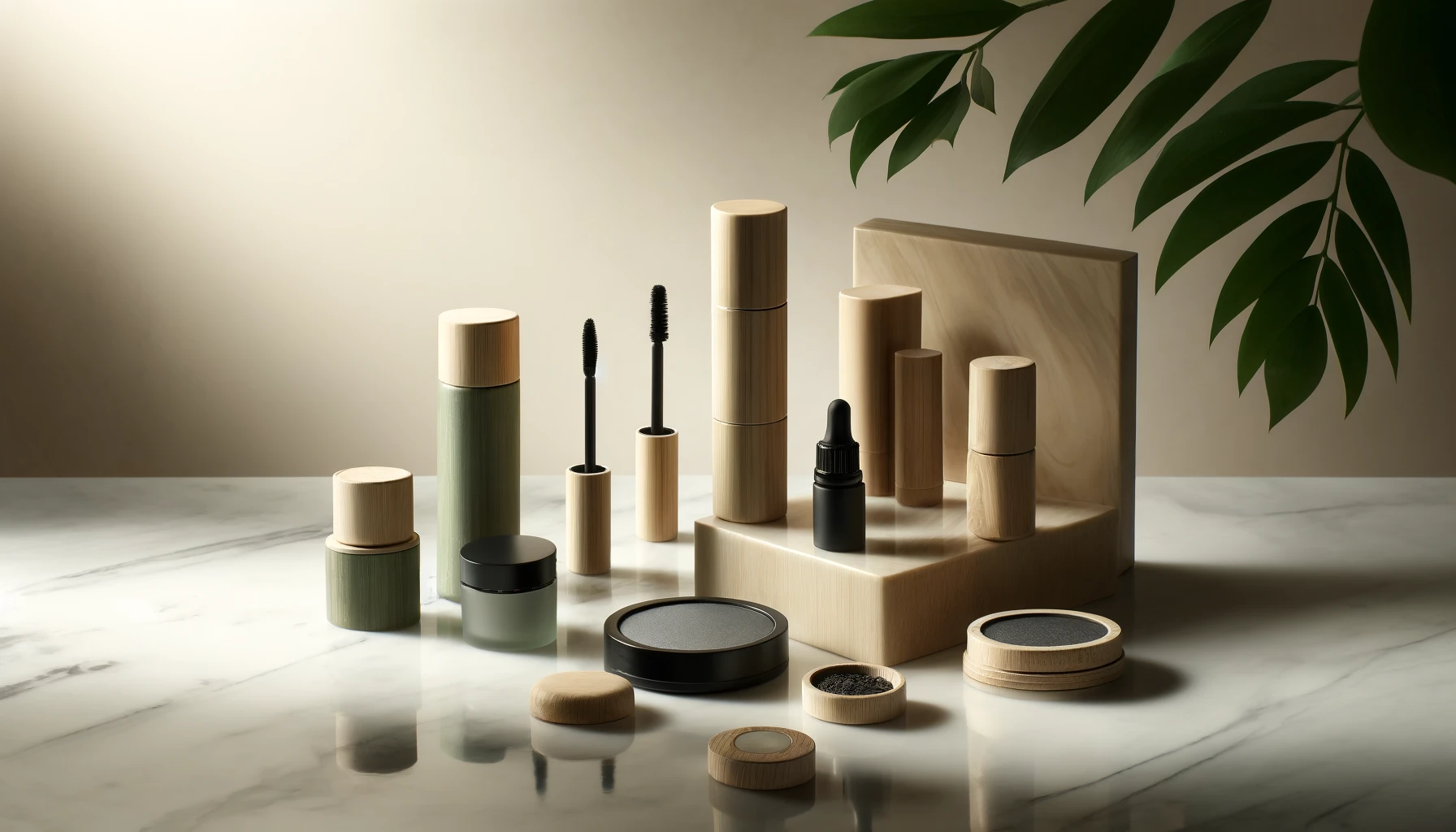 Eco-friendly, sustainable beauty packaging on a marble surface: bamboo mascara tubes, recyclable compacts, and plant-based cream jars, all bathed in soft, natural light. No brands are visible, focusing instead on the sustainable materials and design of the packaging.
